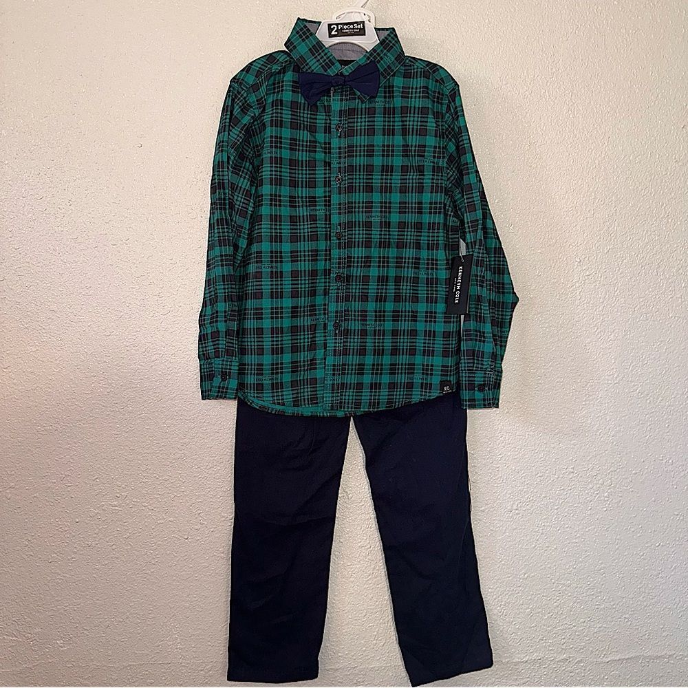 Kenneth Cole Boys 3 piece set dress shirt pants bow tie green blue outfit NWT